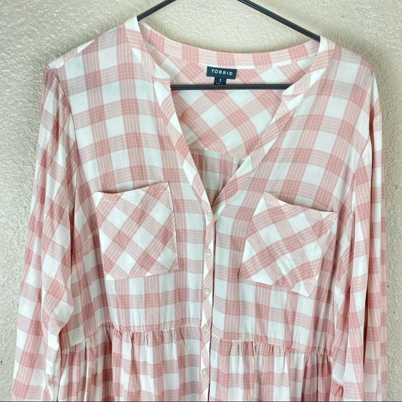 Torrid Pink Plaid Button Up Tunic Size 1 - Picture 6 of 11